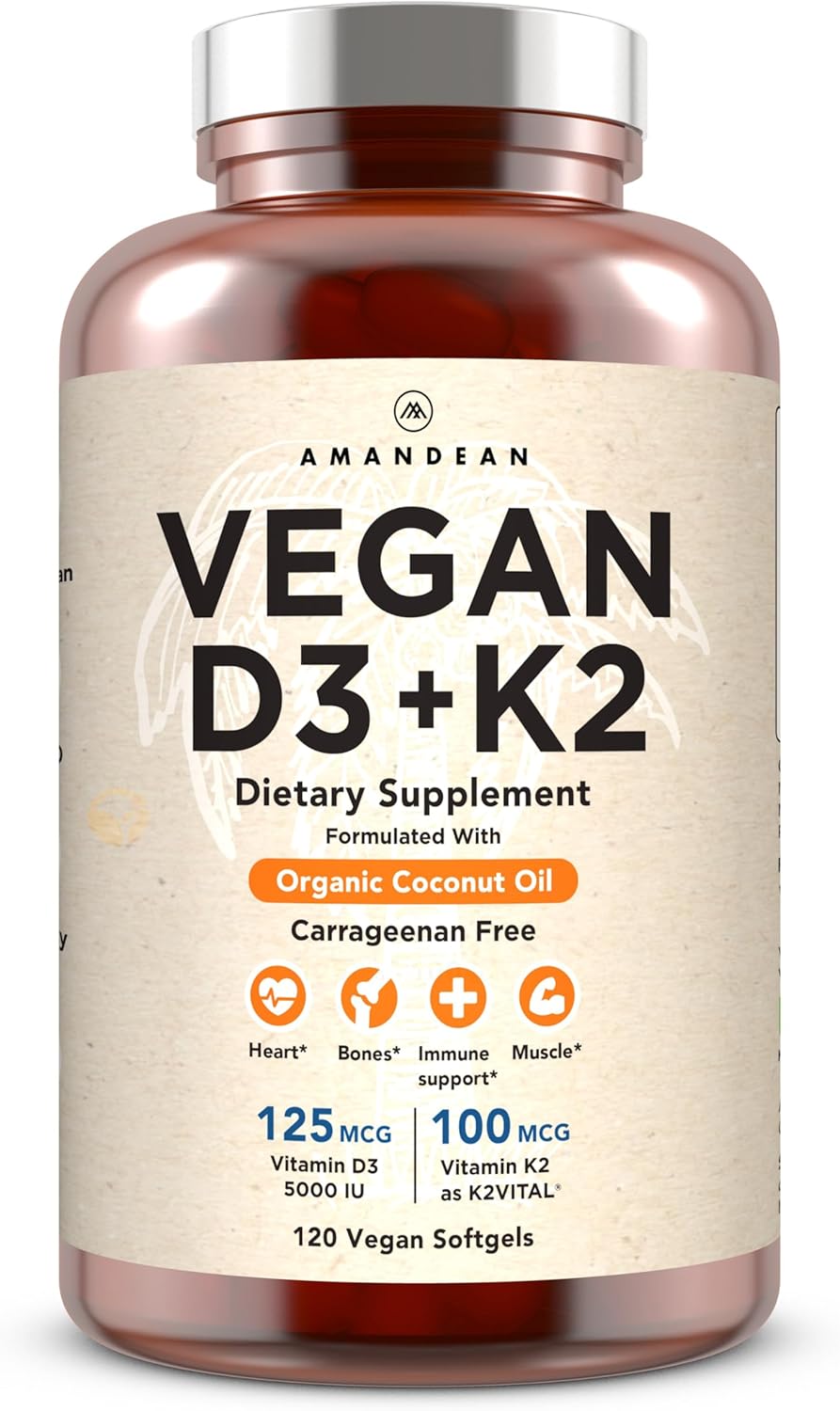 AMANDEAN Vitamin D3 K2. Vegan & Plant-Based 5000iu VIT D from Algae. All-Trans MK-7 K2Vital. 120 Softgels. Carrageenan Free. Organic Coconut Oil Blend. for Mood, Bones, Heart, Immune Health.