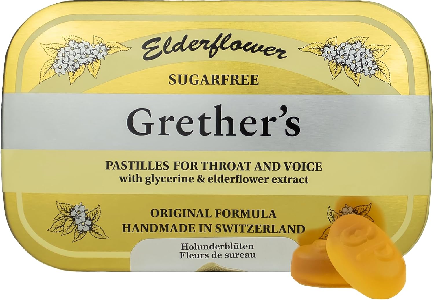 GRETHER'S Sugarfree Elderflower Pastilles – Premium Swiss Throat Lozenges for Dry Mouth & Throat Comfort – Intense Fruit Flavor – Gluten & Lactose Free – Gift for Singers – 2.1 oz