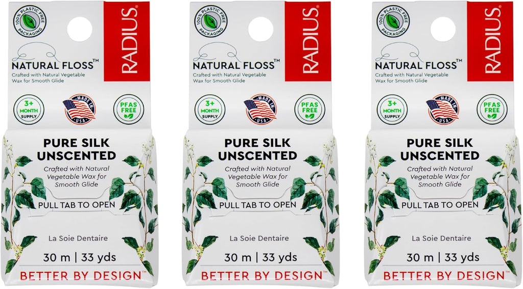 RADIUS Natural Silk Dental Floss, Now 30% Thinner for Smooth Glide in Tight Teeth, Hand-Spun Silk Infused with Coconut Oil, Plastic-Free & Sustainable Packaging, Unscented, 33 YD - Pack of 3