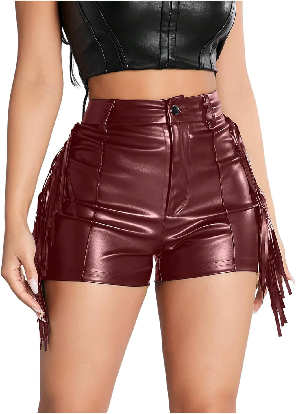 BEAUDRM Women's Y2K Sexy Faux Leather Shorts Fringe Tassel Festival Rave Micro Shorts Western Cowgirl Outfits
