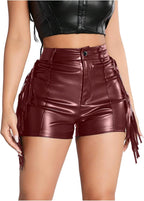 BEAUDRM Women's Y2K Sexy Faux Leather Shorts Fringe Tassel Festival Rave Micro Shorts Western Cowgirl Outfits