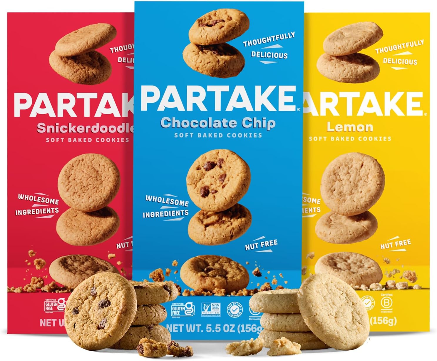 Gluten Free Partake Soft Baked Cookies Variety Pack (Chocolate Chip, Snickerdoodle, Lemon) - Vegan - Free From the Top 9 Allergens Including Dairy, Wheat, Soy, Eggs, & Peanuts - Non GMO - Safe School & Office Snack (3 Pack, 5.5oz Boxes)