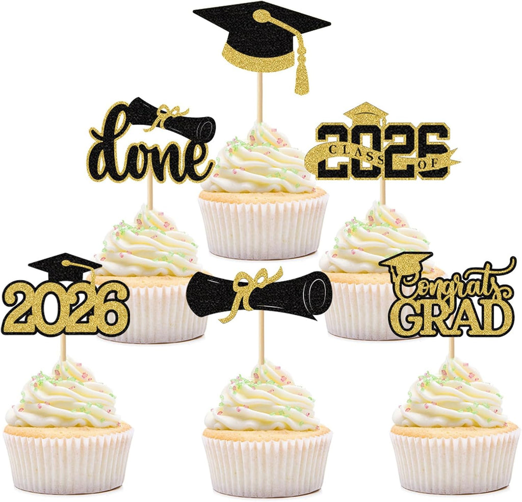 2026 Graduation Cupcake Toppers Picks - 48 PCS Pre-Assembled Gold Glitter Cake Picks, Diploma & Grad Cap Decor Party Supplies for Class Graduation Decorations Gifts
