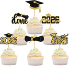 2026 Graduation Cupcake Toppers Picks - 48 PCS Pre-Assembled Gold Glitter Cake Picks, Diploma & Grad Cap Decor Party Supplies for Class Graduation Decorations Gifts