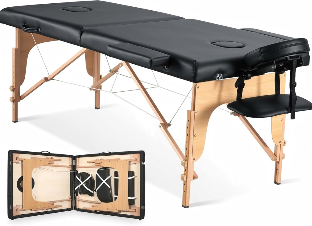 CHRUN Massage Table Portable Wooden Lash Bed 24" Wide Massage Bed Foldable Beauty Spa Tattoo Face Cradle Adjustable Height 35Inch 2 Fold with Bag (Black)