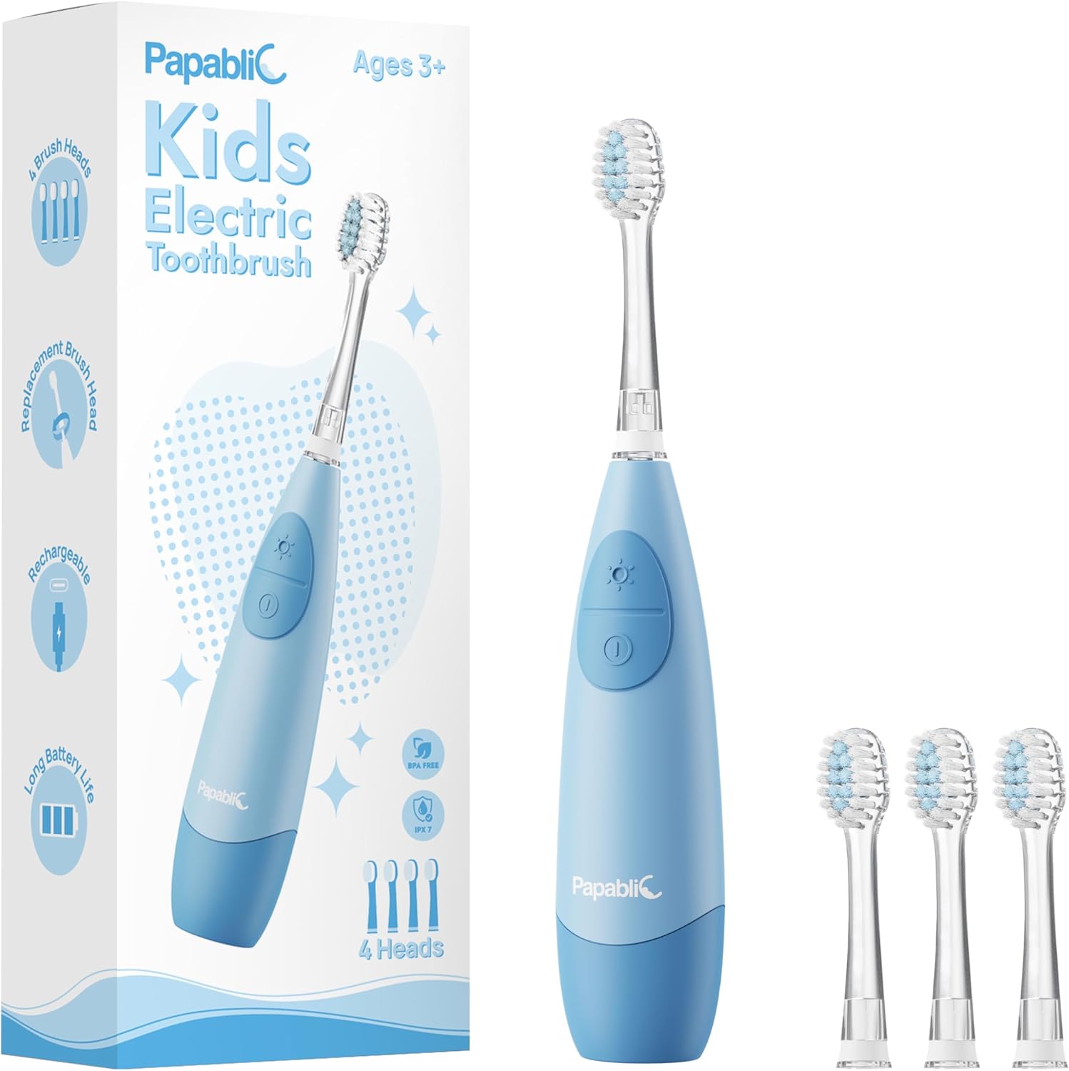 Papablic Kids Electric Toothbrush for Ages 4+ Children Girls and Boys, USB Rechargeable with Smart Brushing Timer, LED Light & 4 Replacement Brush Heads, Blue