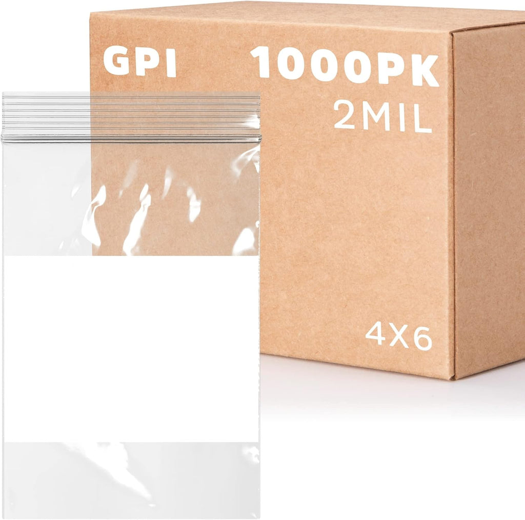 Clear Plastic Reclosable Zip Bags - GPI Case of 1000 4" x 6" 2 mil Thick Strong & Durable Poly Baggies With Resealable Zipper Top Lock & write-on white block, for storage, packaging & shipping