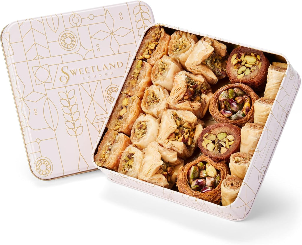 Sweetland London Premium Pistachio Baklava Assortment – Gift Tin | Handmade Lebanese Pastry Sweets | Authentic Middle Eastern Baklava Selection | Perfect for Ramadan, Eid, Easter & Mother’s Day | UK-Made (1.1lb (500g))