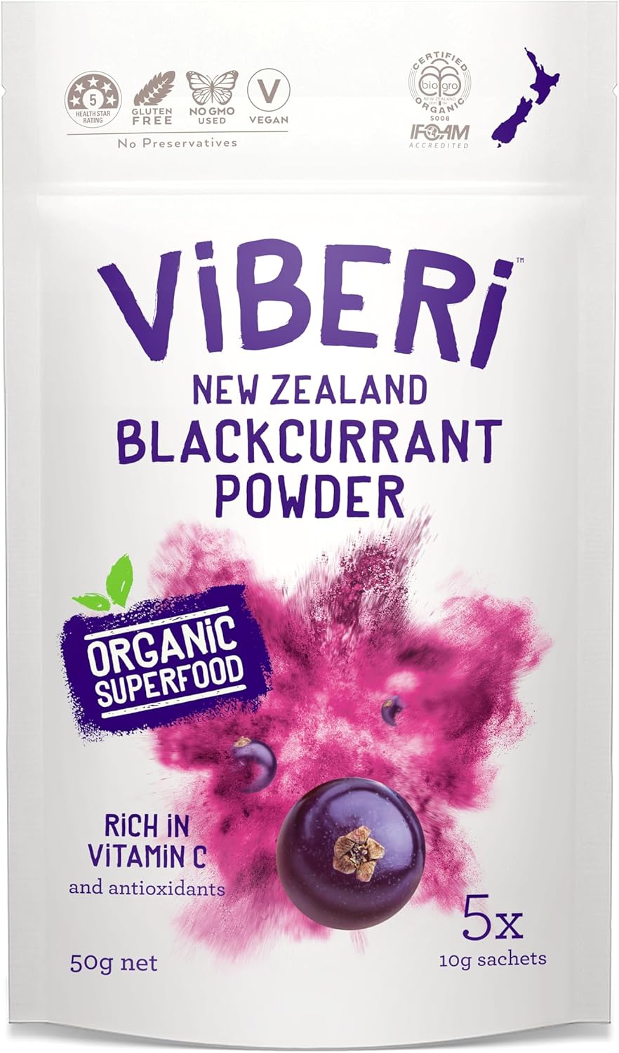 ViBERi Organic Blackcurrant Powder 50 g (5 x 10g Sachets) | New Zealand Grown Superfruit, Naturally High in Vitamin C & Anthocyanins | Vegan, Non-GMO, Gluten-Free, Convenient Daily Serving