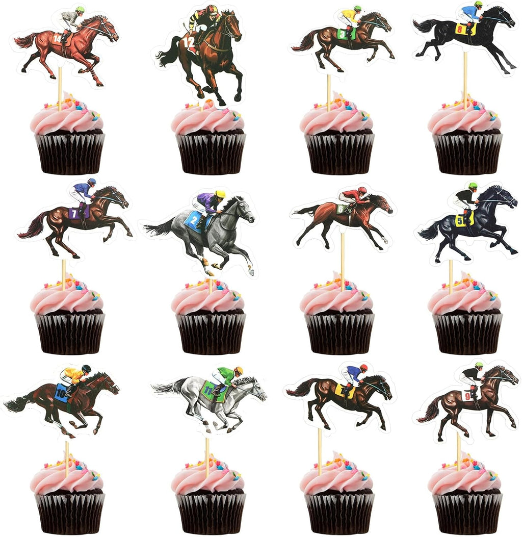 AUGSUN 36 Pack Horse Racing Cupcake Toppers with 12 Unique Designs, Premium Derby Party Decorations for Cakes and Desserts