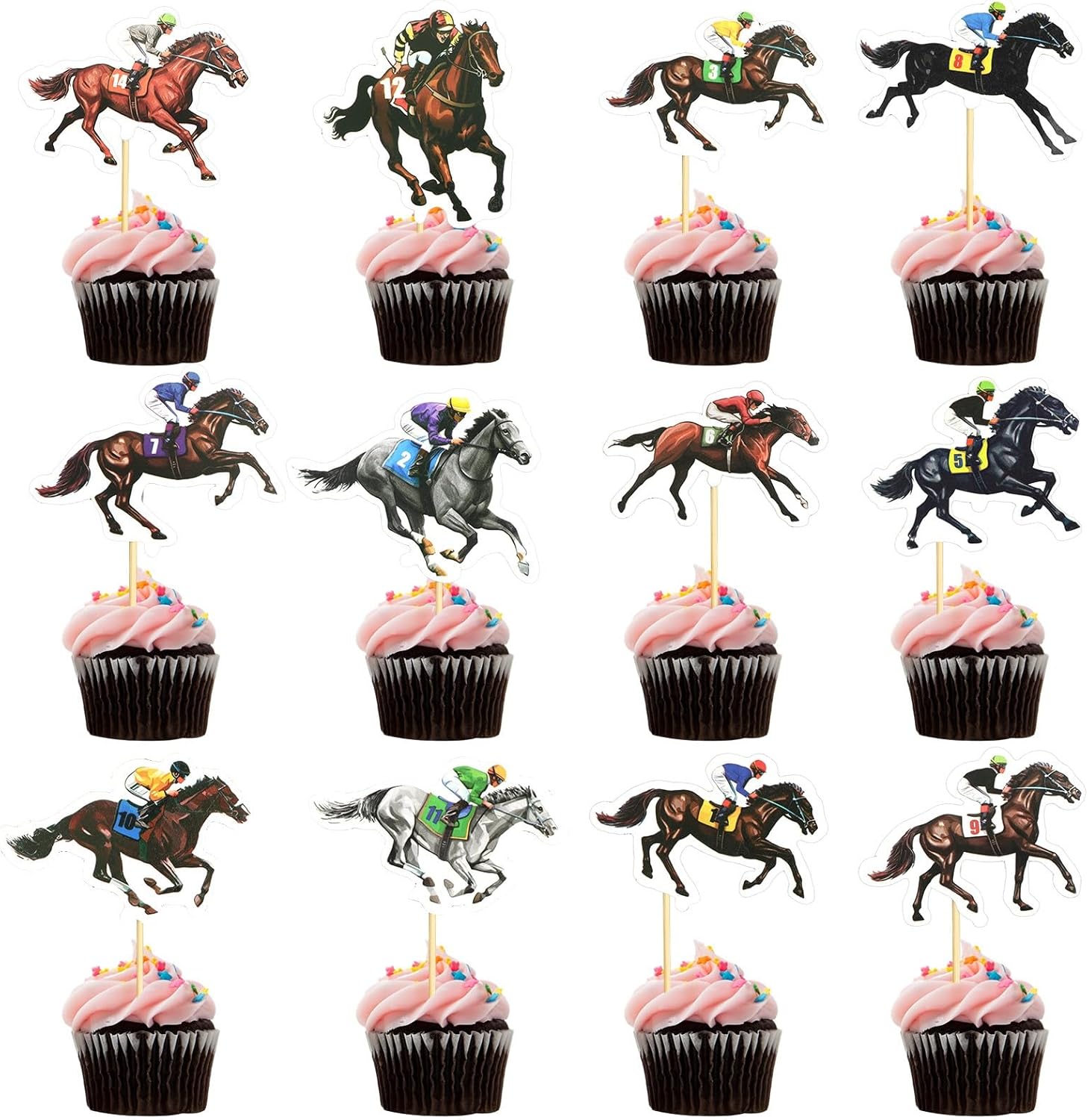 AUGSUN 36 Pack Horse Racing Cupcake Toppers with 12 Unique Designs, Premium Derby Party Decorations for Cakes and Desserts