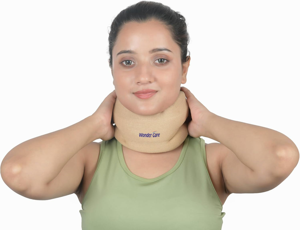 Wonder Care Neck Brace for Sleeping - Cervical Collar Relief Neck Pain and Neck Support Soft Foam Wraps Cervical Spine Pressure for Women & Men (Beige, Medium, 3.2" Depth)