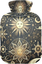 Sun Moon and Stars Hot Water Bottle with Velvet Cover Hot Water Bag for Neck and Shoulder Pain Relief, 1 Liters