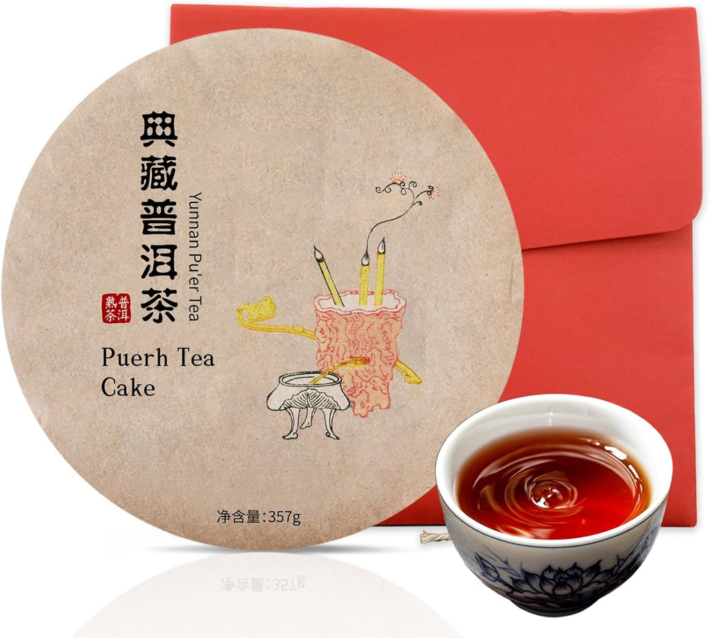 CHADUO Puerh Tea Cake 357g/12.6oz Ripe Pu erh Tea Chinese Fermented Puer Classic Premium Yunnan PuerhTea Aged For 5 Years With Date & Aged Wood Fragrance 普洱茶 熟茶 普洱茶饼