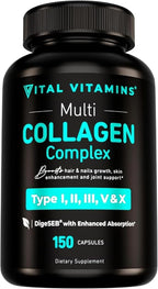 Vital Vitamins Multi Collagen Capsules - Type I, II, III, V, X - Grass-Fed, Collagen Peptides Supplements, Non-GMO - for Men & Women - 150 Count