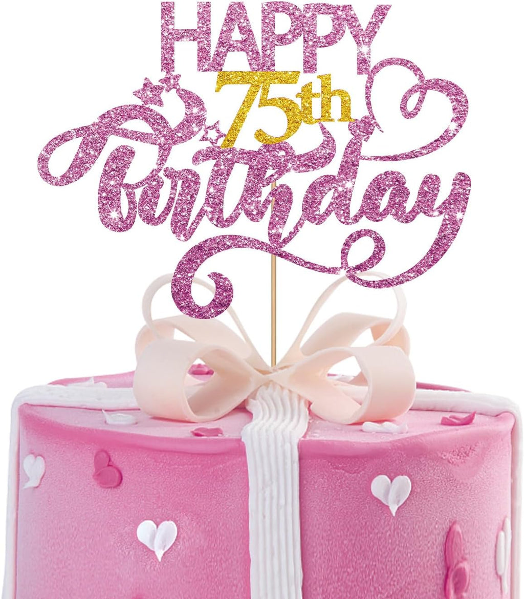 Pink Glitter Happy 75th Birthday Cake Topper, 1 x 6.3" x 3.5" Pink Glitter Cardboard & Wooden Stick, Perfect for Birthday & Anniversary Parties