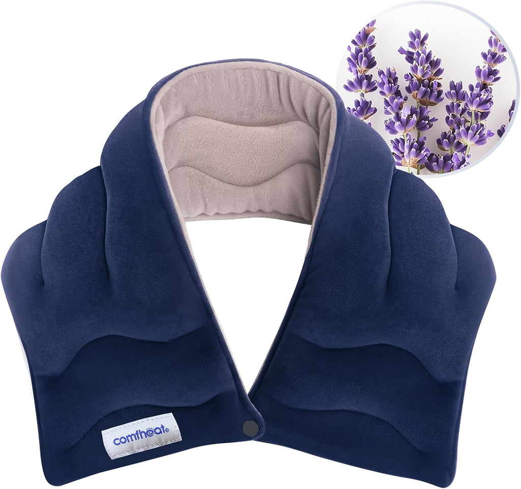 Neck Heating Pad Microwavable for Pain Relief, Moist Hot Compress Microwave Neck Warmer Wrap FSA Eligible HSA for Sore Muscles Relief, Lavender Aroma, 25 x 5.7 Inches, Blue