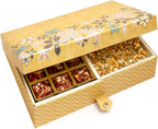 Ghasitaram Gifts Valentines Gift for Girlfriend/Boyfriend/Husband and Wife - Healthy Hampers - Gold 4 Print 12 Pcs Sugarfree Dates and Figs Bites,Almonds and Roasted Namkeen Hamper Box