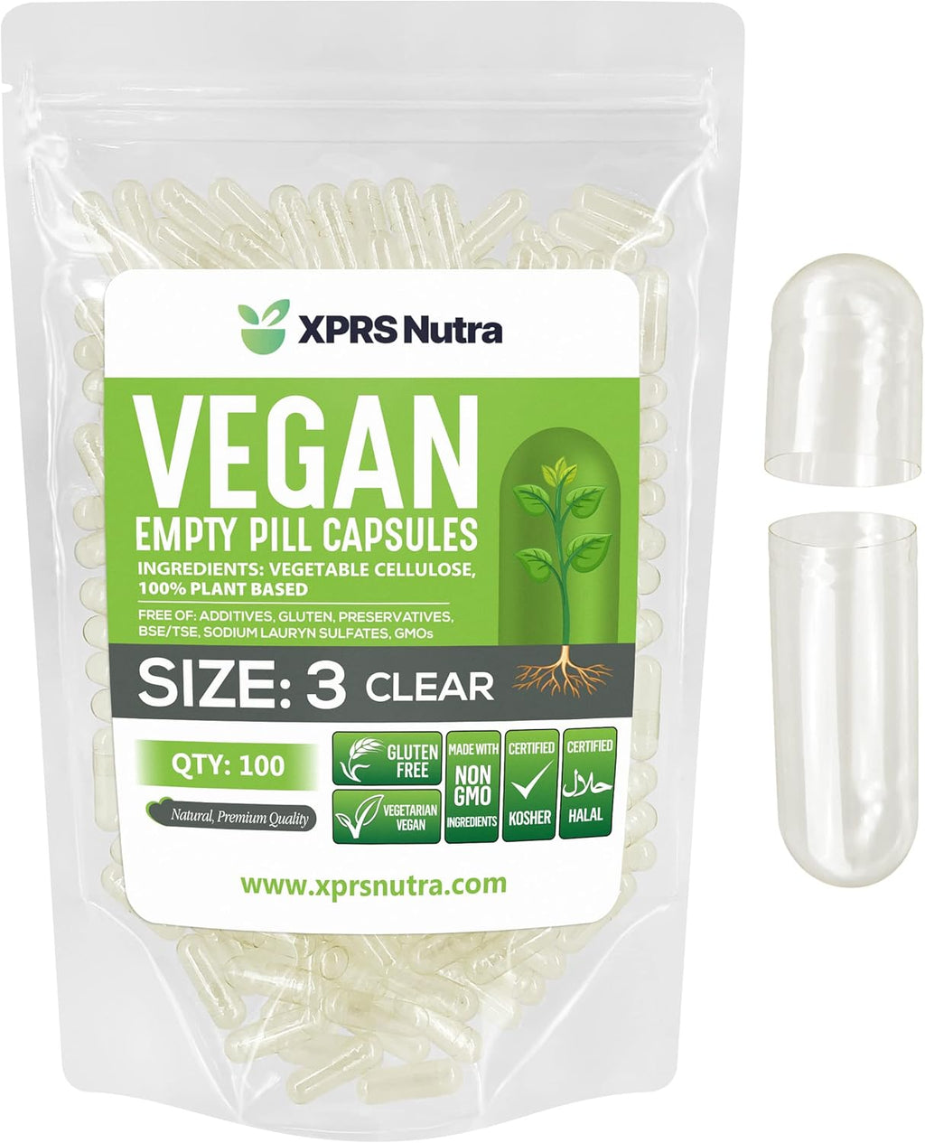 XPRS Nutra Size 3 Empty Capsules - 100 Count Clear Empty Vegan Capsules - Vegetarian Pills - DIY Vegetable Capsule Filling - Veggie Pill Caps