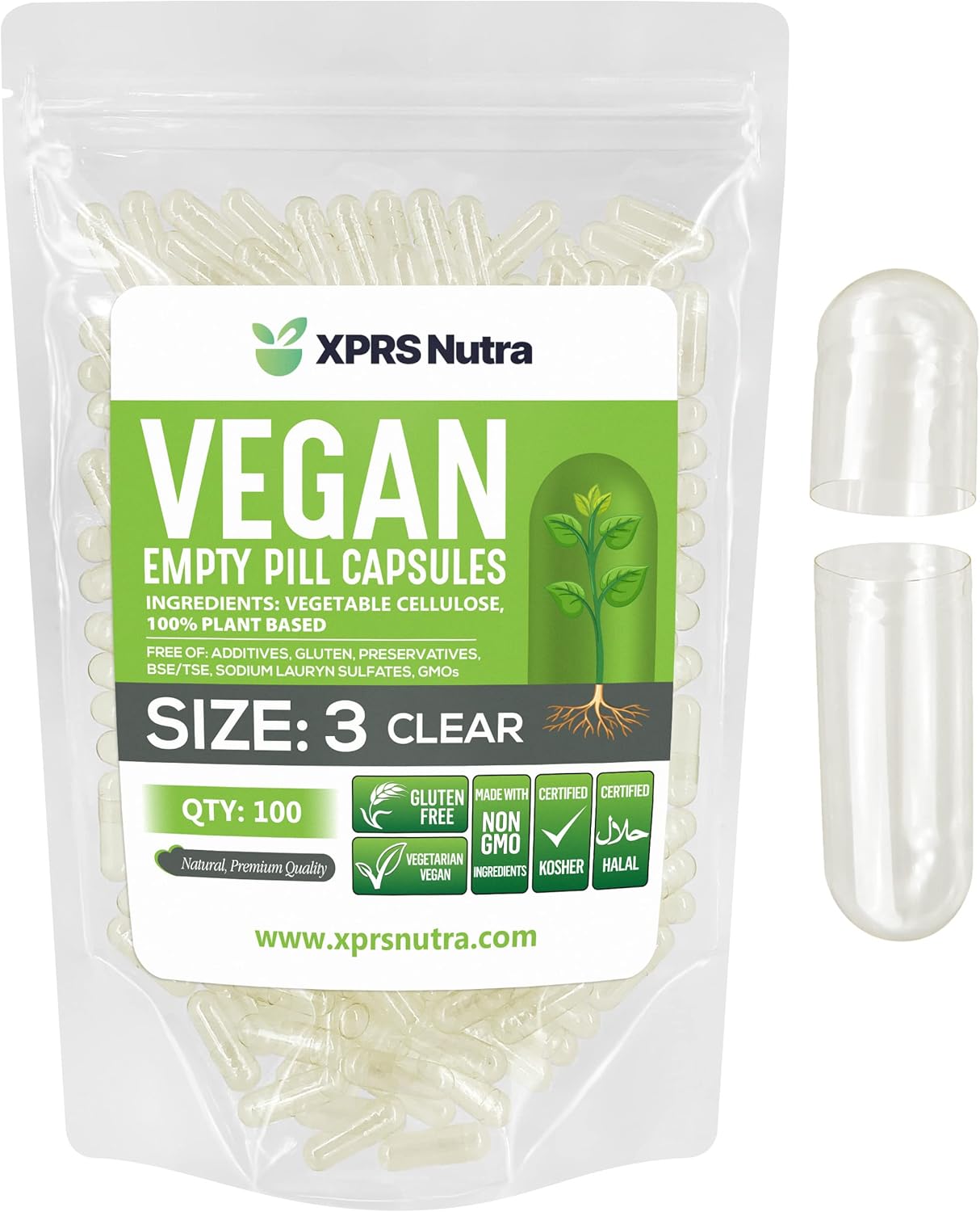 XPRS Nutra Size 3 Empty Capsules - 100 Count Clear Empty Vegan Capsules - Vegetarian Pills - DIY Vegetable Capsule Filling - Veggie Pill Caps