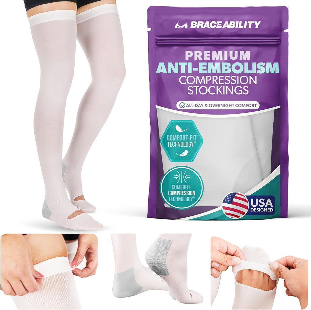 BraceAbility Anti Embolism Compression Stockings - Thigh High Medical TED Hose 15-20 mmHg with Top Toe Inspection Hole for Men, Women, Post Surgery Recovery, Varicose Veins, DVT Prevention (2XL)