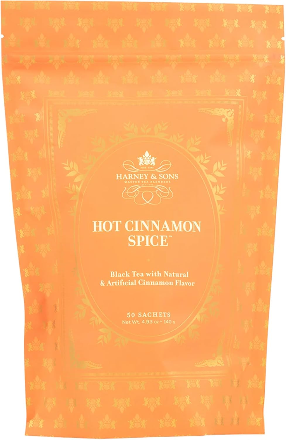Harney & Sons Hot Cinnamon Spice, Bag of 50 Sachets, Black Tea w/Orange Pieces and Cloves (Pack of 1) (Packaging may vary)