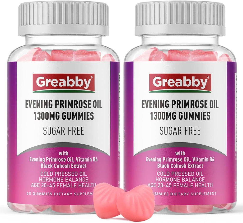 Evening Primrose Oil Gummies 1300mg with Black Cohosh & Vitamin B6, Sugar-Free, PMS Relief Supplements for Women 20-45, Chewable PMS Gummies, Strawberry Flavor, Vegan, Pectin, 120 Count