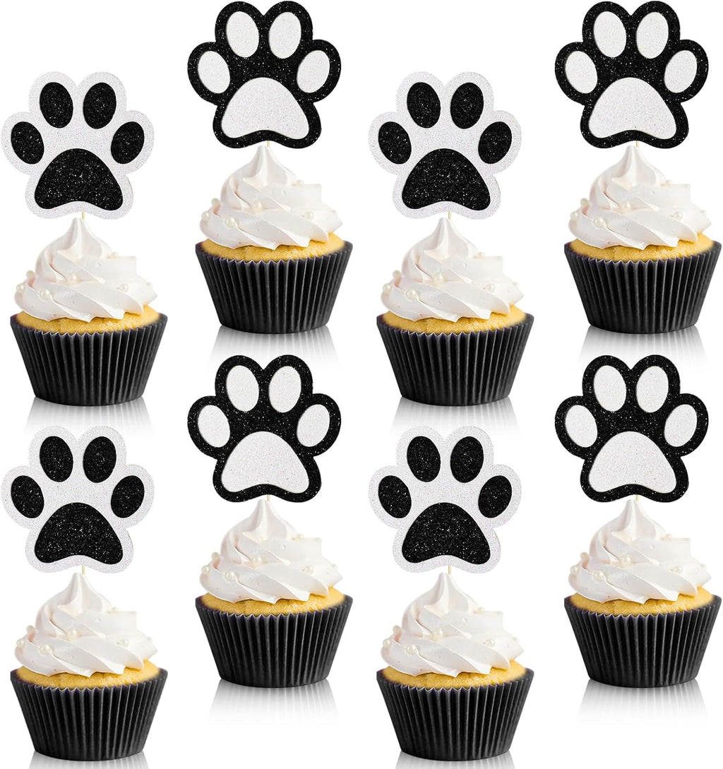 36 Pcs Paw Cupcake Toppers Glitter Dog Paw Cake Decorations Black White Glitter Puppy Cupcake Toppers for Baby Shower Boys Girls Birthday Party Cake Supplies (2 Styles)