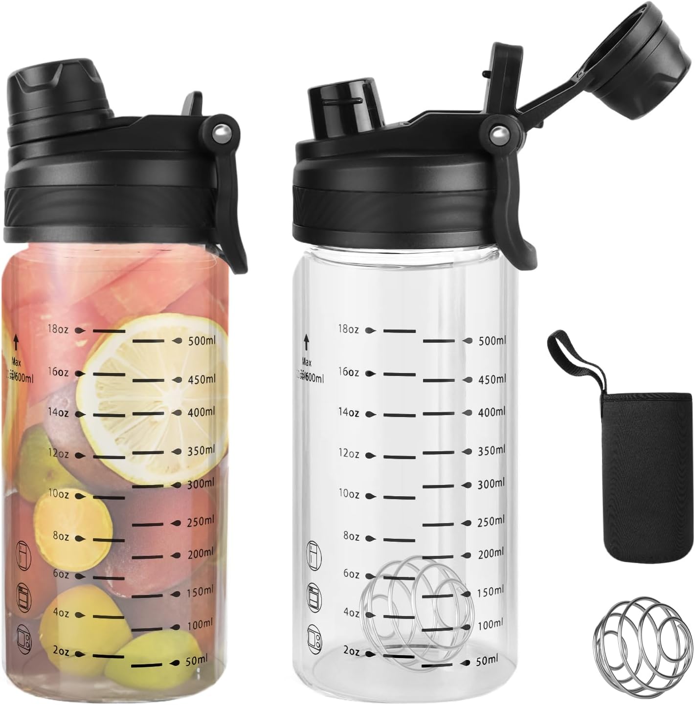 20oz/600ml Glass Shaker Bottles,2-in-1 Sip & Straw Drinking, Wide Mouth Glass Water Bottles for Ice & Juice,Sports Nutrition Shaker Bottles Reusable Mason Jar(2 Pieces)
