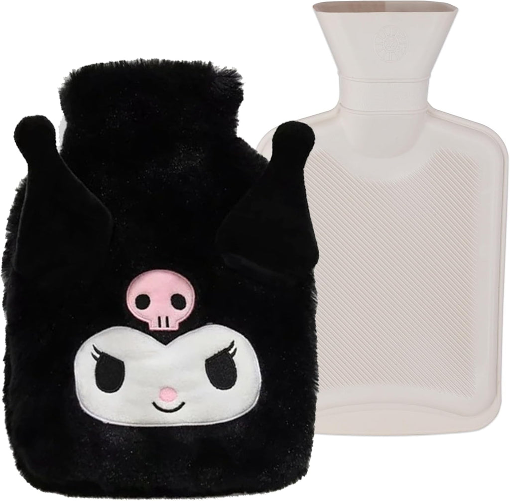 Roffatide Cartoon Kuromi Hot Water Bottle Hand Foot Warmer 1L Hot Water Bag and Cold Compress with Cute Anime Character Plush Cover Pain Relief with Cute Faux Fur Cover