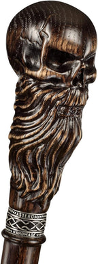 Asterom Bearded Skull Head - Handmade Wooden Carved Walking Cane for Men and Women - Unique Steampunk Walking Stick