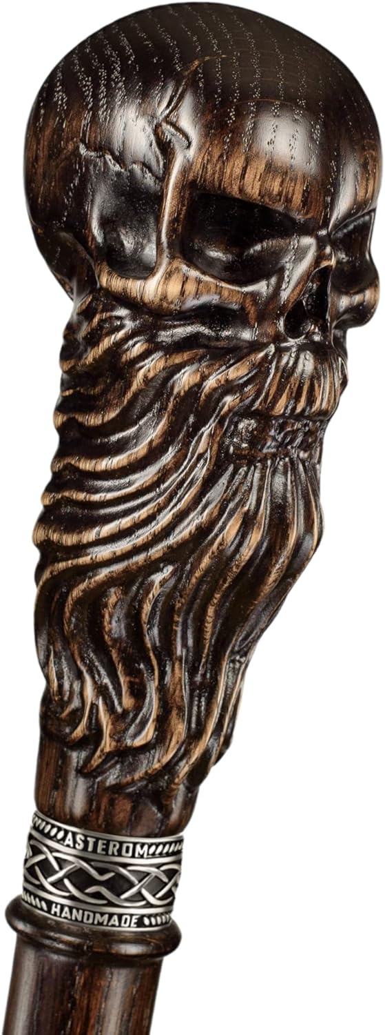 Asterom Bearded Skull Head - Handmade Wooden Carved Walking Cane for Men and Women - Unique Steampunk Walking Stick