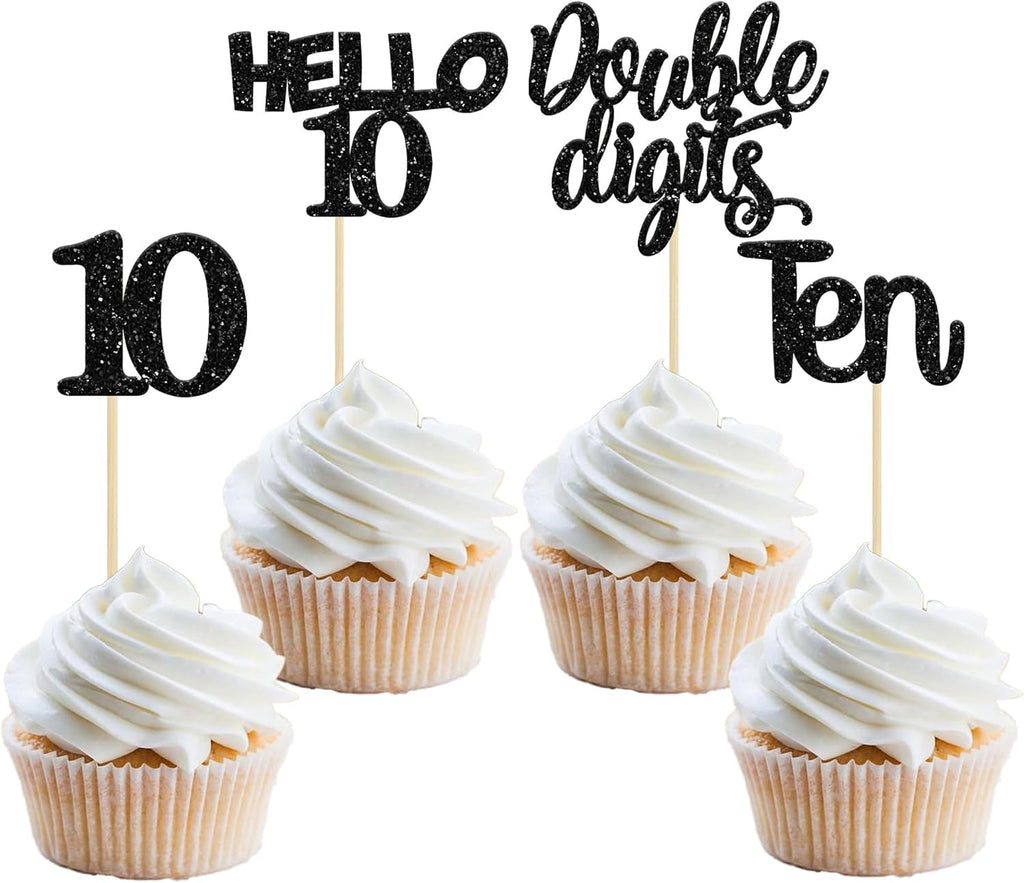 Gyufise 24Pcs Black Glitter 10th Birthday Cupcake Toppers Double Digits Cupcake Toppers Hello 10 Ten Cupcake Picks for 10th Birthday Party Cake Decorations Supplies