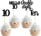 Gyufise 24Pcs Black Glitter 10th Birthday Cupcake Toppers Double Digits Cupcake Toppers Hello 10 Ten Cupcake Picks for 10th Birthday Party Cake Decorations Supplies