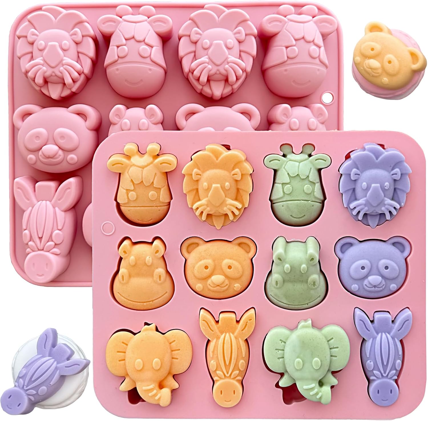 2-Pack Animal Chocolate Molds - Cute Silicone Candy Molds with Panda, Elephant, Hippo, Lion Shapes, Multi-Purpose for Chocolate, Jelly, Soap,Ice Cube Candle Making, Food-Safe & Easy to Demold