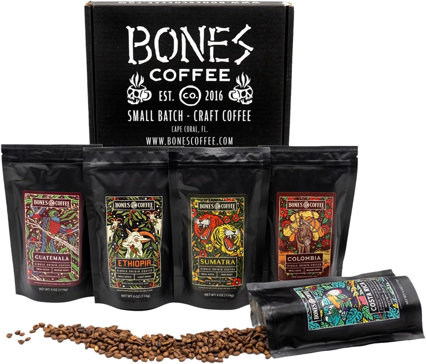 Bones Coffee Company NEW World Tour Sample Pack, Single-Origin Flavored Coffee Low Acid Medium Roast Arabica Beans Specialty Coffee Gifts Compatible Auto Drip and French Press, 4 oz Pack of 5 Ground
