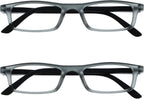 OPULIZE TED Reading Glasses for Women Men, Lightweight Narrow Rectangular Matt Frame with Spring Hinges, Transparent Grey +3.00 (Pack of 2)