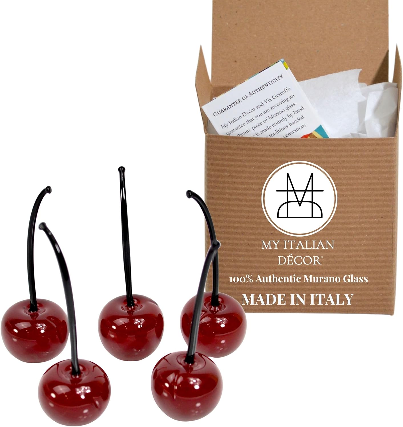 MY ITALIAN DÉCOR Handmade Murano Glass Cherries, 5 PCS, Decorative Hand Blown Glass Cherry Figurine, Fake Fruit, Cherries, Made in Italy.