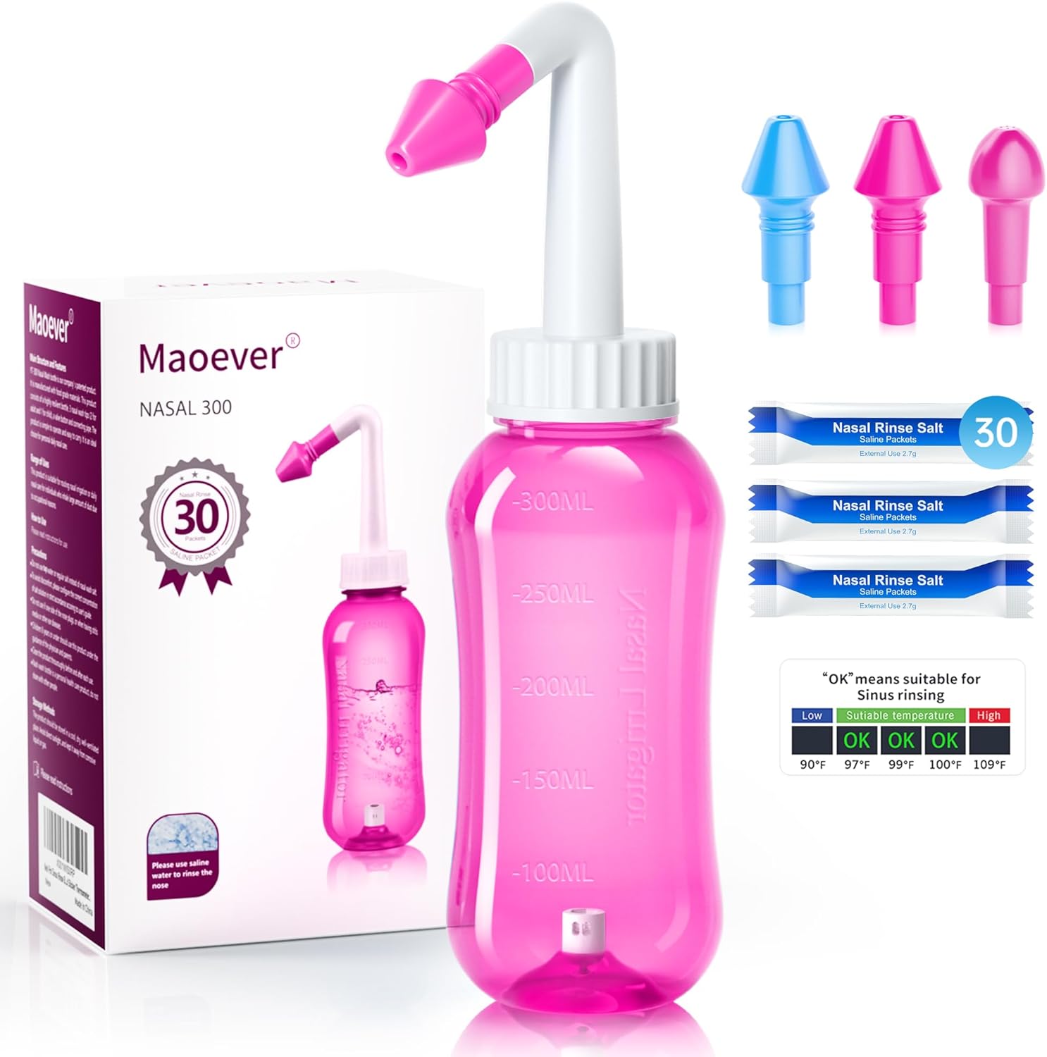 Neti Pot Sinus Rinse Bottle Nose Wash Cleaner Pressure Rinse Nasal Irrigation for Adult & Kid BPA Free 300 ML with 30 Nasal Wash Salt Packets and Sticker Thermometer (Pink)
