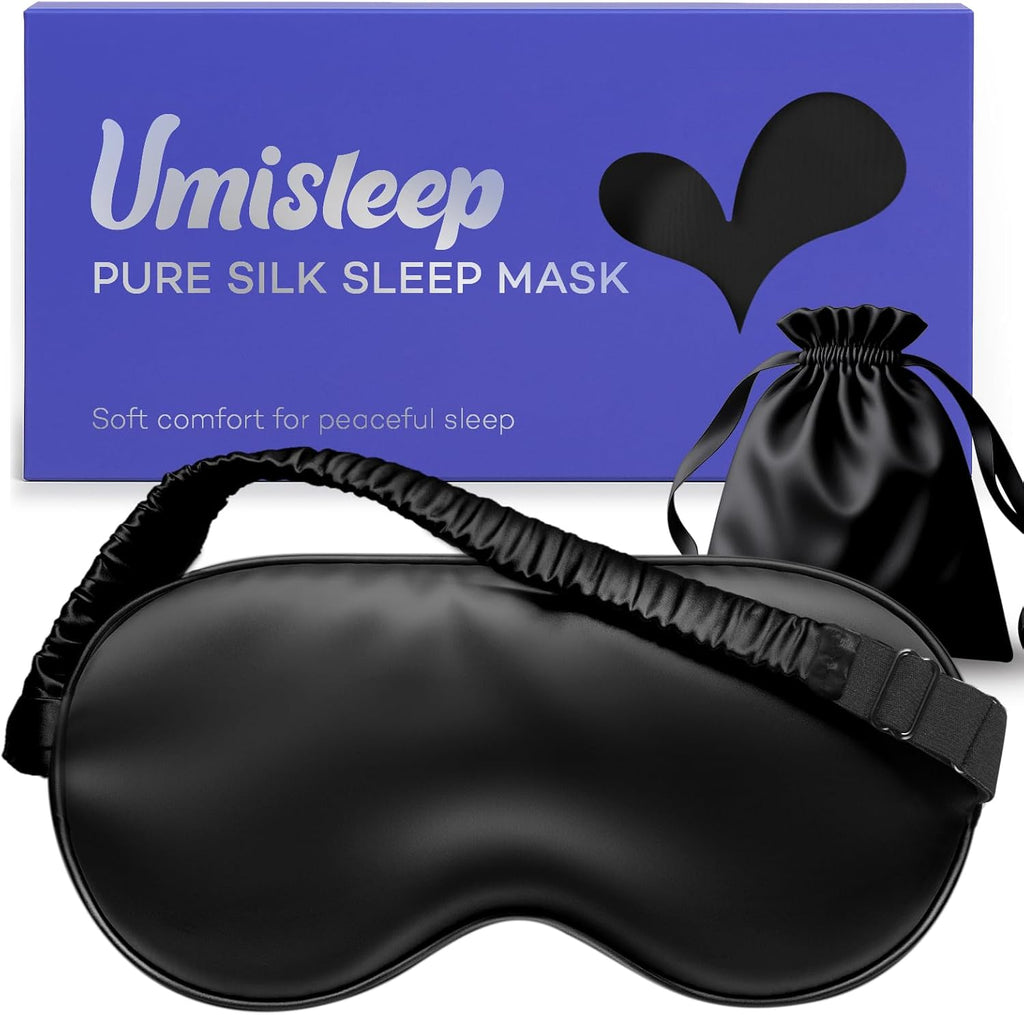 Umisleep Sleep Mask in Certified Mulberry Silk, 22 Momme 6A Soft Eye Masks for Sleep, Adjustable Sleep Masks for Women Men, Light Blocking Sleeping Mask, Silk Eye Mask for Sleeping, Blindfold, Black