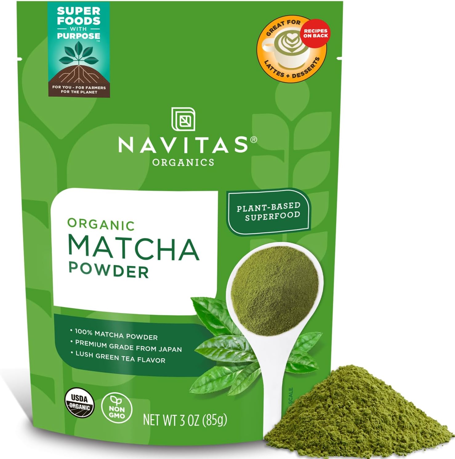 Navitas Organics Matcha Powder – For Tea, Lattes, Smoothies, Desserts & More – Energy & Antioxidants – Premium Culinary Grade – USDA Organic, Non GMO, Gluten Free, Kosher, Vegan (3oz. Bag 85 Servings)