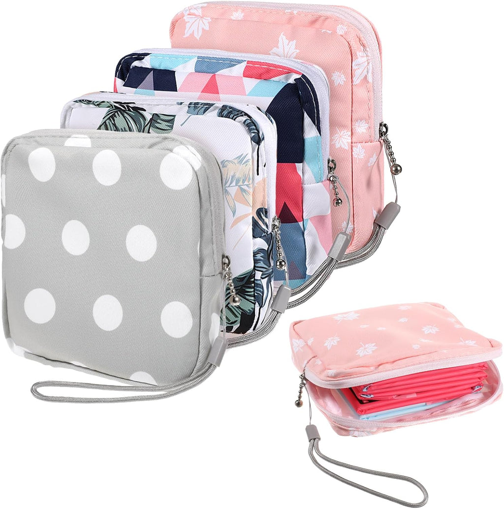 Skrfren 4 Pack Portable Sanitary Napkin Storage Bags, Reusable Mini Pouch for Purse, Menstrual Period Bags, Feminine Care Period-Bags Kit