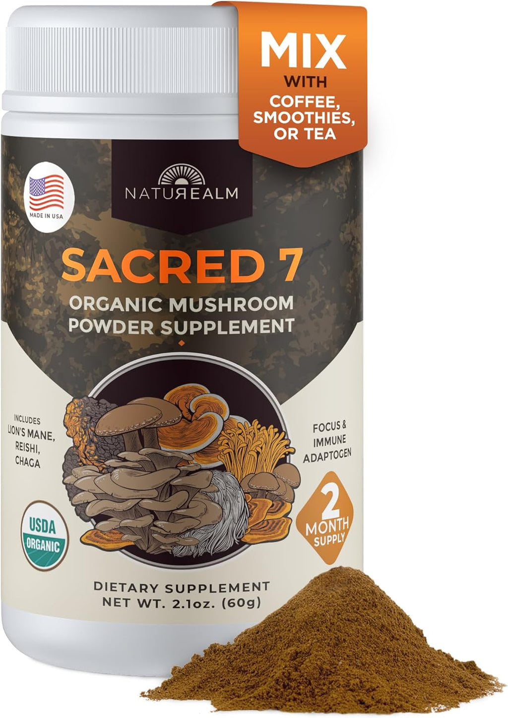 Naturealm Sacred 7 Organic Mushroom Powder Supplement | 60-Day Supply | 7-in-1 Blend with Lions Mane, Reishi, Chaga | Brain & Immune Support | 100% Fruiting Bodies for Coffee & Smoothies