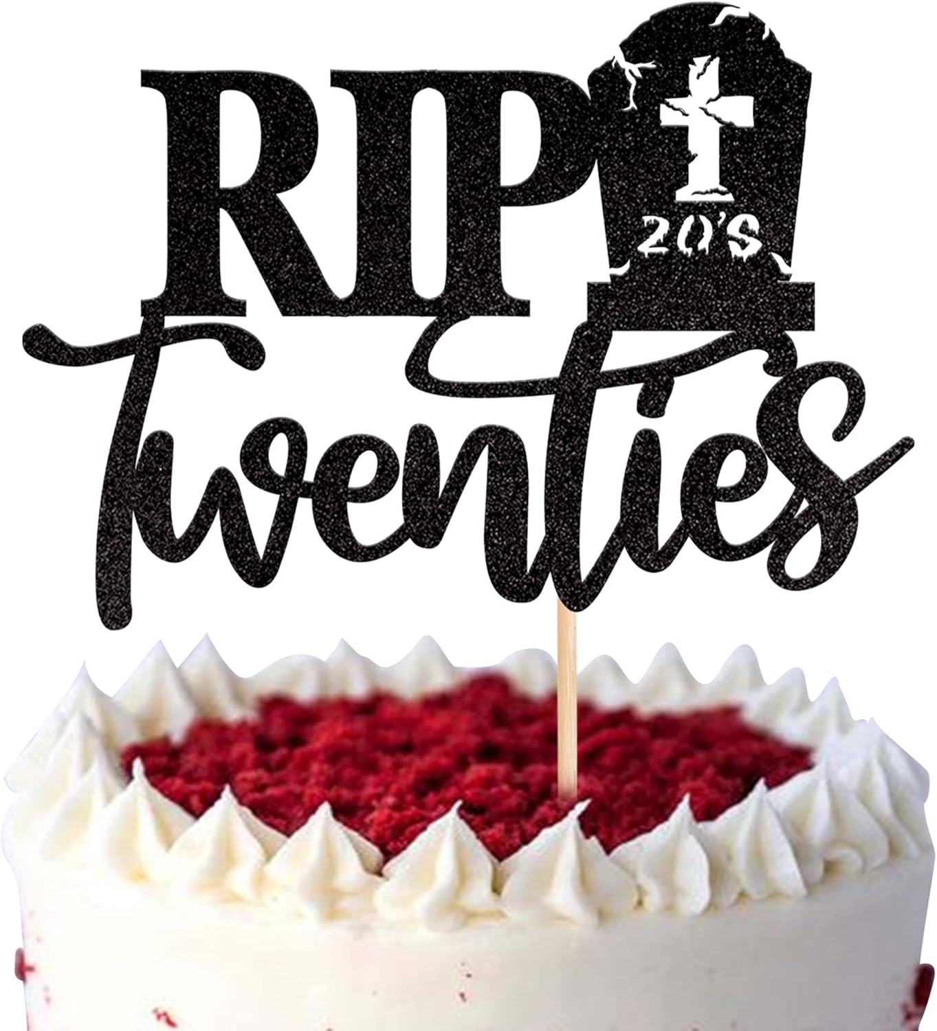1 PCS Rip Twenties Cake Topper - Black Glitter Death to My Twenties Cake Pick - 20s Cake Decorations for Funeral Happy Youth 30th Birthday Party Supplies