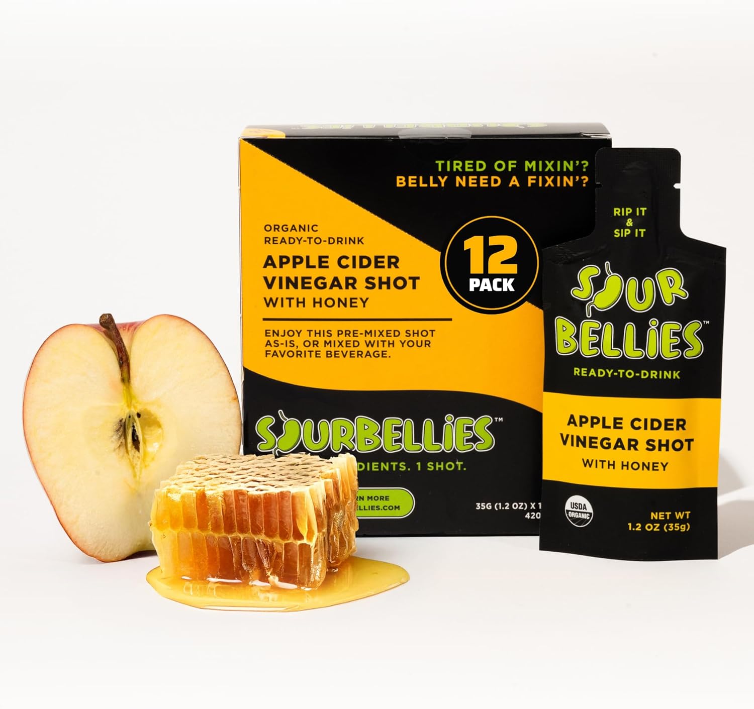 Sourbellies Organic Apple Cider Vinegar Shot for Digestion Support & Bloating Relief, Premixed with Water and Honey, Ready-to-Drink, On-The-Go Wellness Shot, Gut Health, 1 oz (Pack of 12)