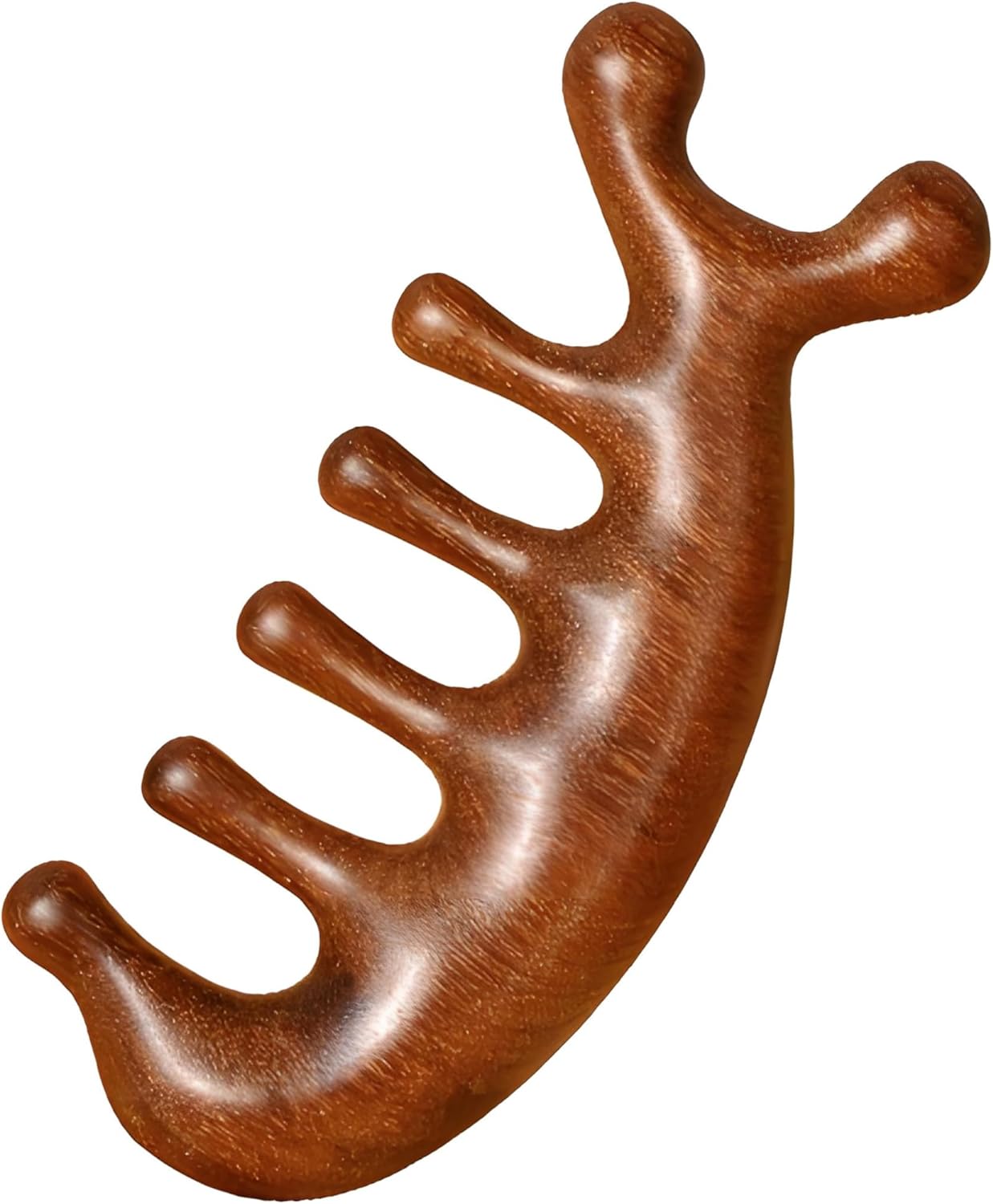 Gua Sha Wood Massage Tool - Natural Sandalwood Scalp Massager Comb for Head Neck Shoulder, 7-Prong Ergonomic Handheld Design, Brown