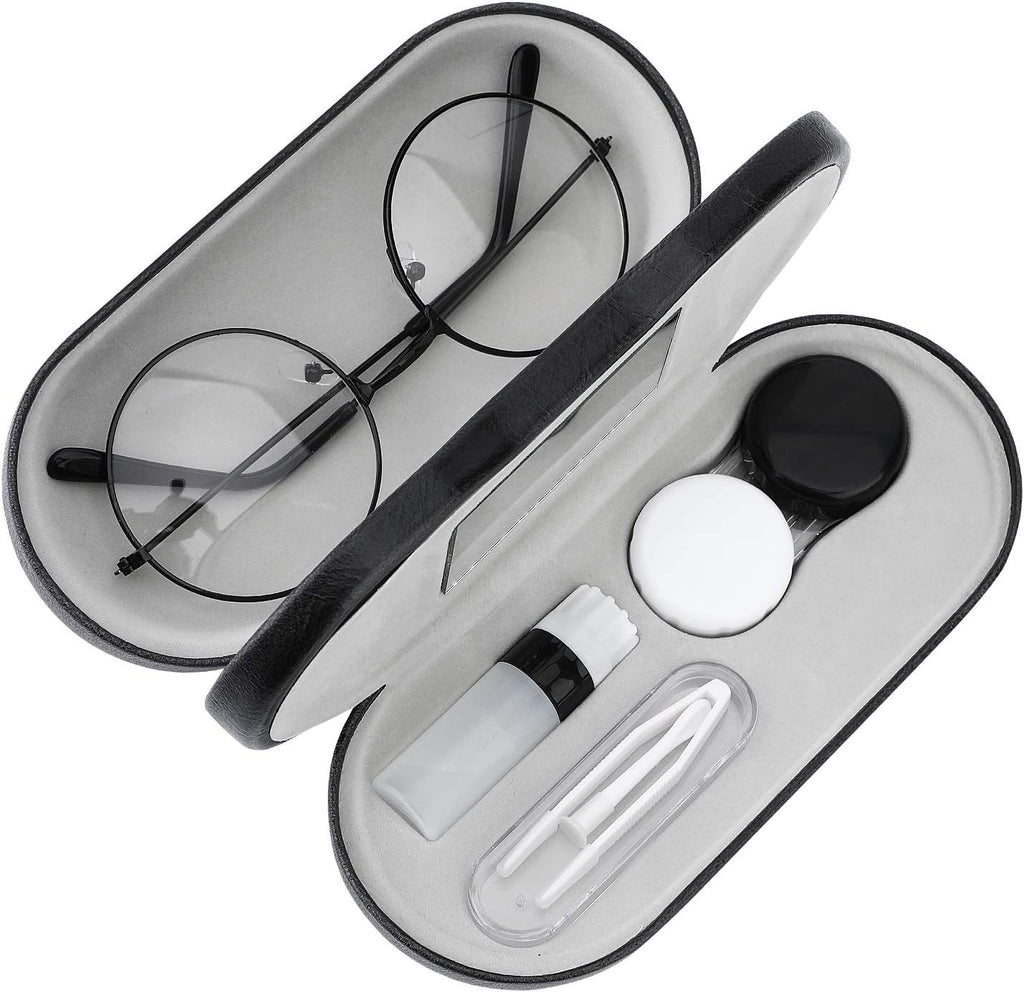 MoKo Double Eyeglass Case, Contact Lens Case with Mirror Tweezers Remover, 2 in 1 Double Sided Portable Contact Lens Box Holder Container Soak Storage Kit Sunglasses Pouch for Men & Women, Black