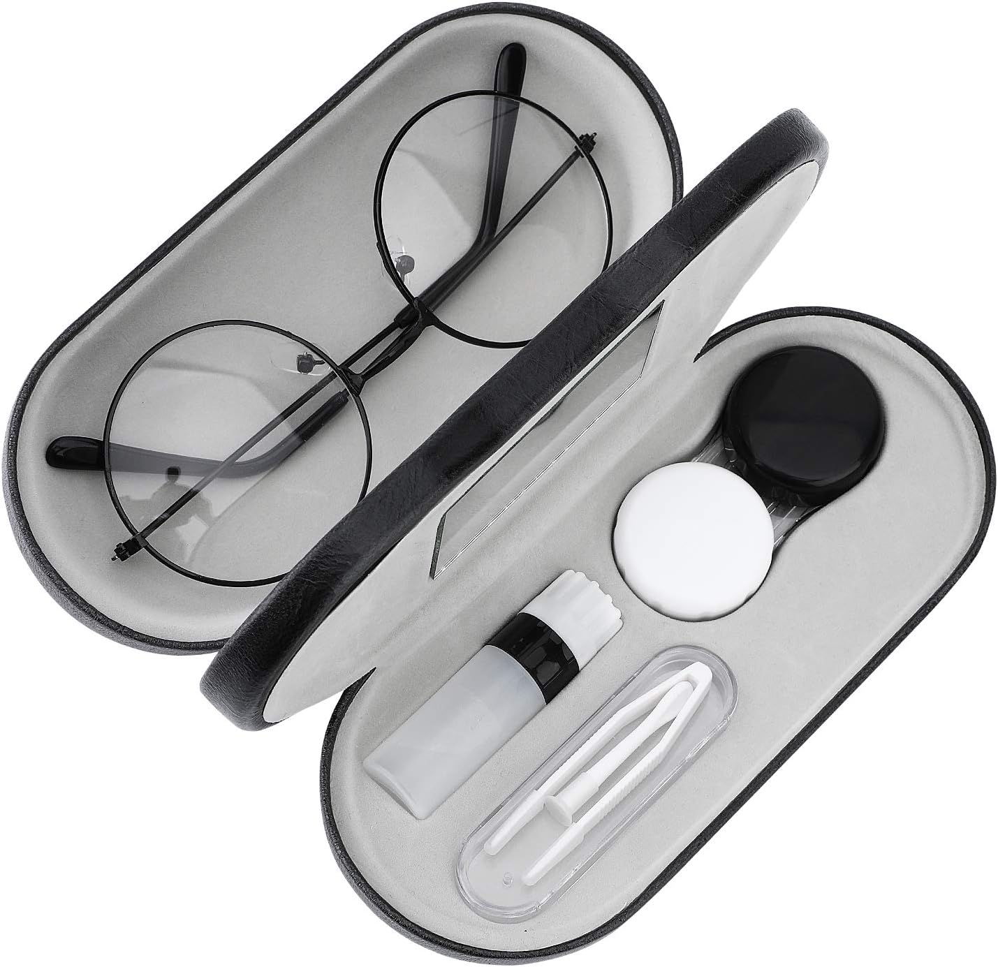 MoKo Double Eyeglass Case, Contact Lens Case with Mirror Tweezers Remover, 2 in 1 Double Sided Portable Contact Lens Box Holder Container Soak Storage Kit Sunglasses Pouch for Men & Women, Black