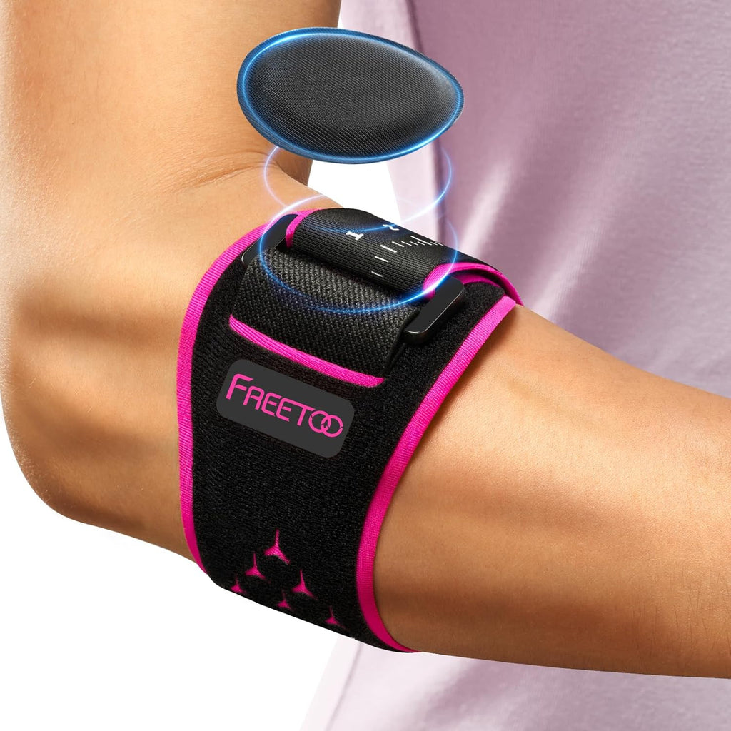 FREETOO Elbow brace for Tendonitis and Tennis Elbow for Women Men, Golfers Elbow Brace for Women for Pain Relief, Adjustable Tennis Elbow Support Band for Epicondylitis, Basketball, Exercise Pink S/M