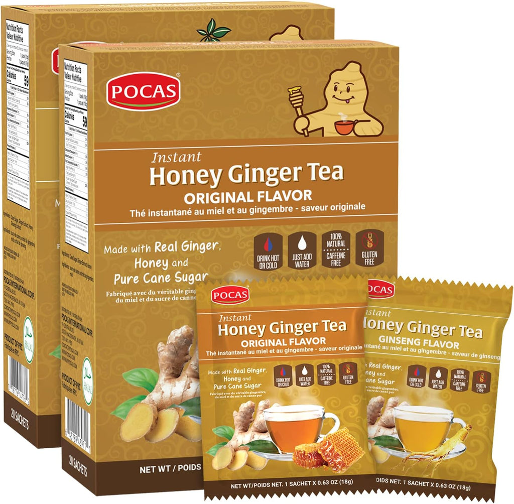 Pocas Honey Ginger Instant Tea Powder, Original & Ginseng Variety 2-Pack, Ginger Extract & Real Honey, Caffeine-Free Tea, 20 Packets per Box